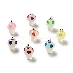 Spray Painted Luminous Resin Pendants, Mushroom Charm, with Glitter Powder and Platinum Tone Iron Loops, Mixed Color, 21.5x13.5mm, Hole: 2.5mm(RESI-A017-05)