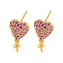 Rack Plating Brass Micro Pave Hot Pink Cubic Zirconia Stud Earring Finding, Cadmium Free & Lead Free, Long-Lasting Plated, Heart, Real 18K Gold Plated, 10x9mm, Pin: 11x1mm(EJEW-C102-05G-02A)