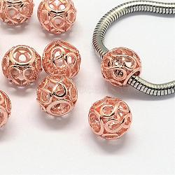 Alloy European Beads, Large Hole Beads, Rondelle, Hollow, Rose Gold, 11x9.5mm, Hole: 5mm(PALLOY-S079-004RG)