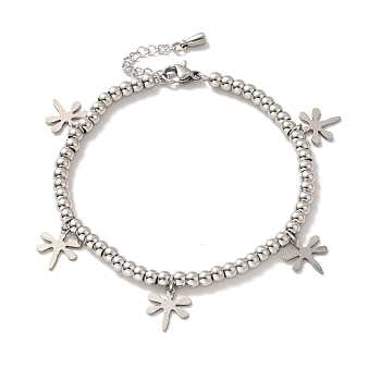 304 Stainless Steel Dragonfly Charm Bracelet with 201 Stainless Steel Round Beads for Women, Stainless Steel Color, 8-3/4 inch(22.2cm)