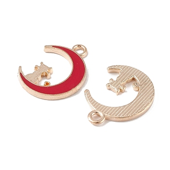 Alloy Enamel Pendants, Light Gold, Moon with Cat Charm, Red, 19.5x14.5x1.5mm, Hole: 2mm