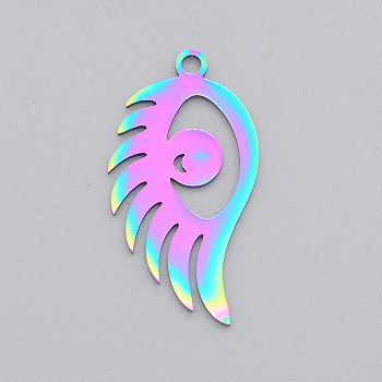 Ion Plating(IP) 201 Stainless Steel Pendants, Laser Cut, Wing with Eye, Rainbow Color, 30x15.5x1mm, Hole: 2mm