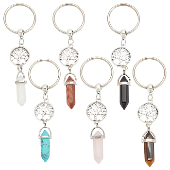DELORIGIN 6Pcs 6 Style Bullet Shape Natural & Synthetic Gemstone Pendant Keychain with Tree of Life, for Woman Bag Decoration Accessories, 10.5~10.7cm, 1pc/style