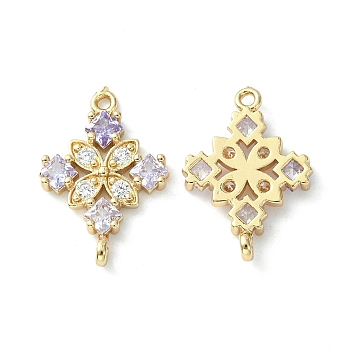 Brass Pave Cubic Zirconia Connector Charms, Light Gold, Rhombus Links, Lilac, 20x14x3mm, Hole: 1.2mm