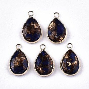 Fan Assembled Synthetic Bronzite and Lapis Lazuli Pendants, with Iron Loop and Brass Edge, Light Gold, 22~23x14x5~6mm, Hole: 2mm