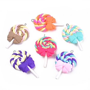Handmade Polymer Clay Pendants, Lollipop with Bowknot, Mixed Color, 45x29x9mm, Hole: 2mm