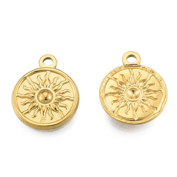 Ion Plating(IP) 201 Stainless Steel Pendants, Flat Round with Sun, Real 18K Gold Plated, 19x15.5x2mm, Hole: 1.8mm