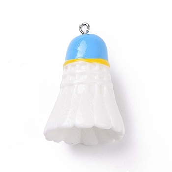 Sport Ball Theme Opaque Resin Pendants, Badminton Charms, with Platinum Plated Iron Loops, Deep Sky Blue, 37.5x26mm, Hole: 2mm