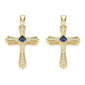 Brass Micro Pave Cubic Zirconia Pendants, with Brass Snap on Bails, Real 18K Gold Plated, Nickel Free, Cross, Dark Blue, 35.5x24x5.5mm, Hole: 3x5mm