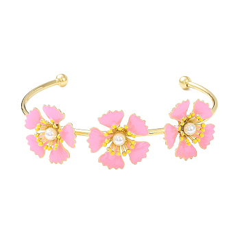 Alloy Flower with Imitation Pearl Beaded Open Cuff Bangle for Women, Pink, Inner Diameter: 1-7/8x2-3/8 inch(4.8cm)
