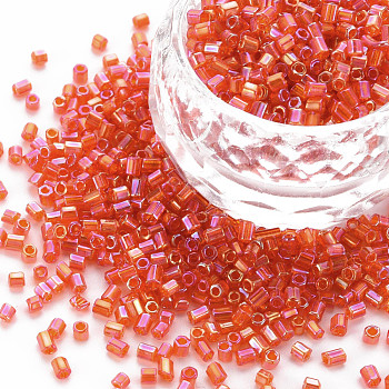 Glass Bugle Beads, Transparent Colours Rainbow, Orange Red, 2.5~3x2mm, Hole: 0.9mm, about 15000pcs/pound