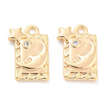 Brass Micro Pave Cubic Zirconia Charms, Rectangle with Moon, Real 18K Gold Plated, 12.5x8.5x1.8mm