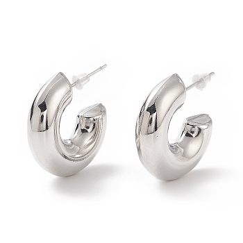 Brass C-shape Stud Earrings, Half Hoop Earrings for Women, Cadmium Free & Lead Free, Platinum, 25.5x25x7mm, Pin: 0.9mm