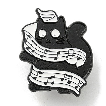 Music Theme Cartoon Black Cat Enamel Pins, Black Alloy Badge for Women Men, Musical Note, 28.3x24.5x1.4mm