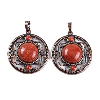 Natural Red Jasper Pendants, Rack Plating Brass Hollow Flat Round Charms, Cadmium Free & Lead Free, Red Copper, 36.5x33x9.5mm, Hole: 7.5x5mm