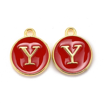Golden Plated Alloy Enamel Charms, Cadmium Free & Lead Free, Enamelled Sequins, Flat Round, Red, Letter.Y, 14x12x2mm, Hole: 1.5mm