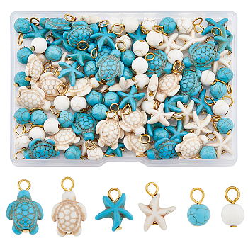 90Pcs 6 Styles Synthetic Howlite & Turquoise Dyed Pendants, with Golden Tone Iron Loops, Round & Turtle & Starfish Charms, 13~22x8~15x5.5~8mm, Hole: 3mm, 90pcs/set