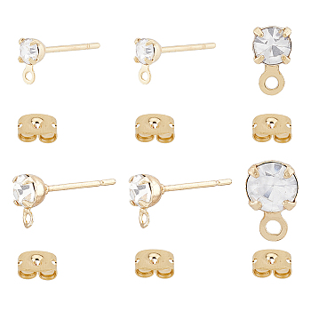 40Pcs 2 Size Brass Stud Earring Findings, with Clear Cubic Zirconia & Horizontal Loops & 40Pcs Ear Nuts, Real 18K Gold Plated, 5.5~6.5x3~4mm, Hole: 0.8~1mm, Pin: 0.5~0.7mm, 20Pcs/size
