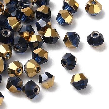 Transparent Electroplate Glass Beads, Half Golden Plated, Faceted, Bicone, Prussian Blue, 4.5x4mm, Hole: 1mm, 500Pcs/bag