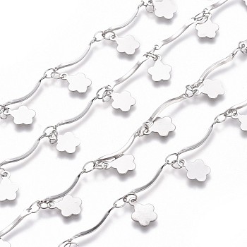 Handmade 304 Stainless Steel Scalloped Bar Link Chains, Soldered, with Flower Charms and Card Paper, Stainless Steel Color, Bar Link: 16x2x3mm, Flower: 8x6x0.5mm, about 16.4 Feet(5m)/card