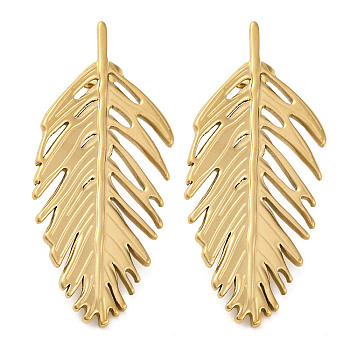 304 Stainless Steel Leaf Theme Stud Earrings For Women, Real 18K Gold Plated, 59x21mm