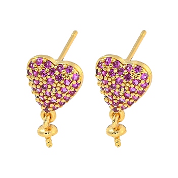 Rack Plating Brass Micro Pave Hot Pink Cubic Zirconia Stud Earring Finding, Cadmium Free & Lead Free, Long-Lasting Plated, Heart, Real 18K Gold Plated, 10x9mm, Pin: 11x1mm