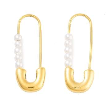 Ion Plating(IP) 304 Stainless Steel & Plastic Imitation Pearl Safety Pin Hoop Earrings for Women, with 316 Stainless Steel Pins, Golden, 29x3x10.8mm