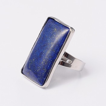 Adjustable Rectangle Lapis Lazuli Brass Rings, US Size 7 1/4(17.5mm)