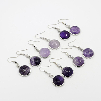 Fashion Natural Amethyst Earrings, with Brass Earring Hooks, Half Round/Dome, 44~45x18~19mm, Pin: 0.6mm