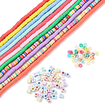 DIY Jewelry Making Kits, Including 12 Strands Handmade Polymer Clay Beads Strands and 100Pcs Acrylic Cube with Letter Beads, Mixed Color, Handmade Polymer Clay Beads Strands: 12 strands/bag