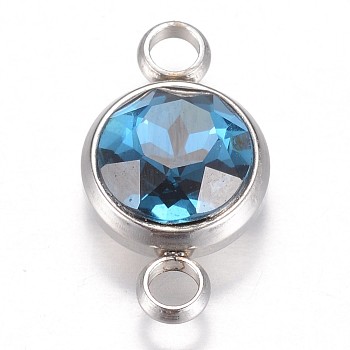 Glass Links connectors, Faceted, with 304 Stainless Steel Findings, Flat Round, Stainless Steel Color, Blue Zircon, 17.5x10x6.5mm, Hole: 2.5mm