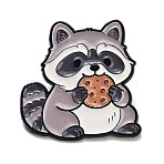 Cute Raccoon Eating Cookie Enamel Pins, Painting Black Alloy Badges for Backpack Clothes, Gray, 33x32mm(JEWB-K040-05EB)
