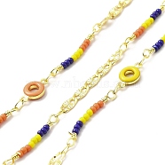 Handmade Brass Flower Chains, with Brass Enamel Donut Links and Glass Seed Beads, Soldered, with Spool, Cadmium Free & Lead Free, Real 18K Gold Plated, Seed Bead Link: 3x22.5x2mm, Donut: 11.5x6.5x2.5mm, Flower: 7x3.5x0.6mm(CHC-I045-01G)