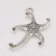 Tibetan Style Alloy Pendants, Starfish/Sea Stars, Cadmium Free & Nickel Free & Lead Free, Antique Silver, 45x29x3mm, Hole: 2.5mm(X-TIBE-T011-55AS-FF)
