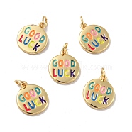 Flat Round with Word Good Luck Brass Enamel Pendants, with Jump Rings, Cadmium Free & Nickel Free & Lead Fre, Real 18K Gold Plated, 15.5x13.5x1.5mm, Hole: 3.4mm(KK-G419-27G)