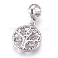 304 Stainless Steel European Dangle Charms, Large Hole Pendants, with Rhinestone, Flat Round with Tree, Stainless Steel Color, 26mm, Hole: 4mm, Pendant: 16.5x14x2.5mm(STAS-O097-40P)