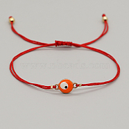 Alloy Evil Eye Link Bracelet, Braided Adjustable Lucky Bracelet, Orange, 11 inch(28cm)(TI1852-4)