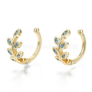 Brass Micro Pave Cubic Zirconia Cuff Earrings, Cadmium Free & Nickel Free & Lead Free, Leaf, Real 16K Gold Plated, Light Sky Blue, 1~8mm, Inner Diameter: 11mm(EJEW-S201-235D-G-NR)