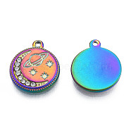304 Stainless Steel Pendants, with Crystal Rhinestone, Flat Round with Moon & Planet, Rainbow Color, 16.5x14x2mm, Hole: 1.4mm(STAS-N098-155M)