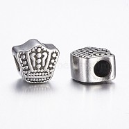 304 Stainless Steel European Beads, Crown, Large Hole Beads, Antique Silver, 11x12x8mm, Hole: 4.5mm(STAS-A032-017AS)