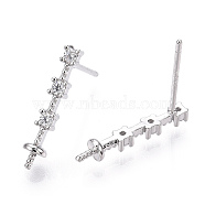 925 Sterling Silver Stud Earring Findings Micro Pave Cubic Zirconia, for Half Drilled Beads, with S925 Stamp, Cuboid, Real Platinum Plated, 15.5x3x2mm, Pin: 0.7×12mm, Tray:3mm.(STER-T007-19P)