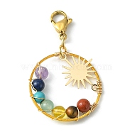Wire Wrapped Chakra Mixed Gemstone Pendant Decorations, with Sun Brass Link and 304 Stainless Steel Lobster Claw Clasps, Golden, 41mm(HJEW-TA00053)