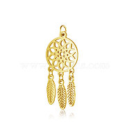 304 Stainless Steel Pendants, with Jump Rings, Polished, Woven Net/Web with Feather, Golden, 32x14x1mm, Hole: 3mm(STAS-T036-T507G)