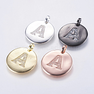 Brass Pendants, with Micro Pave Cubic Zirconia, Flat Round with Letter, Letter.A, 23~23.5x2mm, Hole: 3.5x4mm(KK-K218-A)
