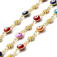 Handmade Brass Enamel Flower & Evil Eye Link Chain, Long-Lasting Plated, Soldered, with Spool, Colorful, 13x7.5x2mm, 12x6.5x4.5mm(CHC-D032-02G-02)