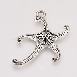 Tibetan Style Alloy Pendants, Starfish/Sea Stars, Cadmium Free & Nickel Free & Lead Free, Antique Silver, 45x29x3mm, Hole: 2.5mm(X-TIBE-T011-55AS-FF)