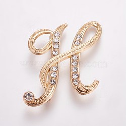 Alloy Brooches, with Rhinestone, Letter, Letter.H, Golden, 47x38x3.5mm, Pin: 1mm(JEWB-WH0005-01H-G)