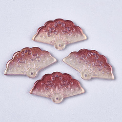 Transparent Spray Painted Glass Pendants, with Single Face Glitter Powder, Fan, Dark Red, 20x34.5x3.5mm, Hole: 1.2mm(GLAA-R212-01-A04)