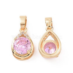 Brass Micro Pave Cubic Zirconia Charms, Teardrop, Clear & Pink, Real 18K Gold Plated, 14x9x5mm, Hole: 3x5.5mm(KK-E068-VC425)