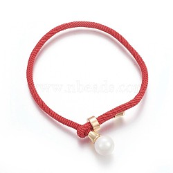 Cotton Cord Bracelets, Red String Bracelets, with Shell Pearl Beads and Brass Finding, Long-Lasting Plated, Real 24K Gold Plated, Red, 9 inch(23cm)(BJEW-F360-D01)